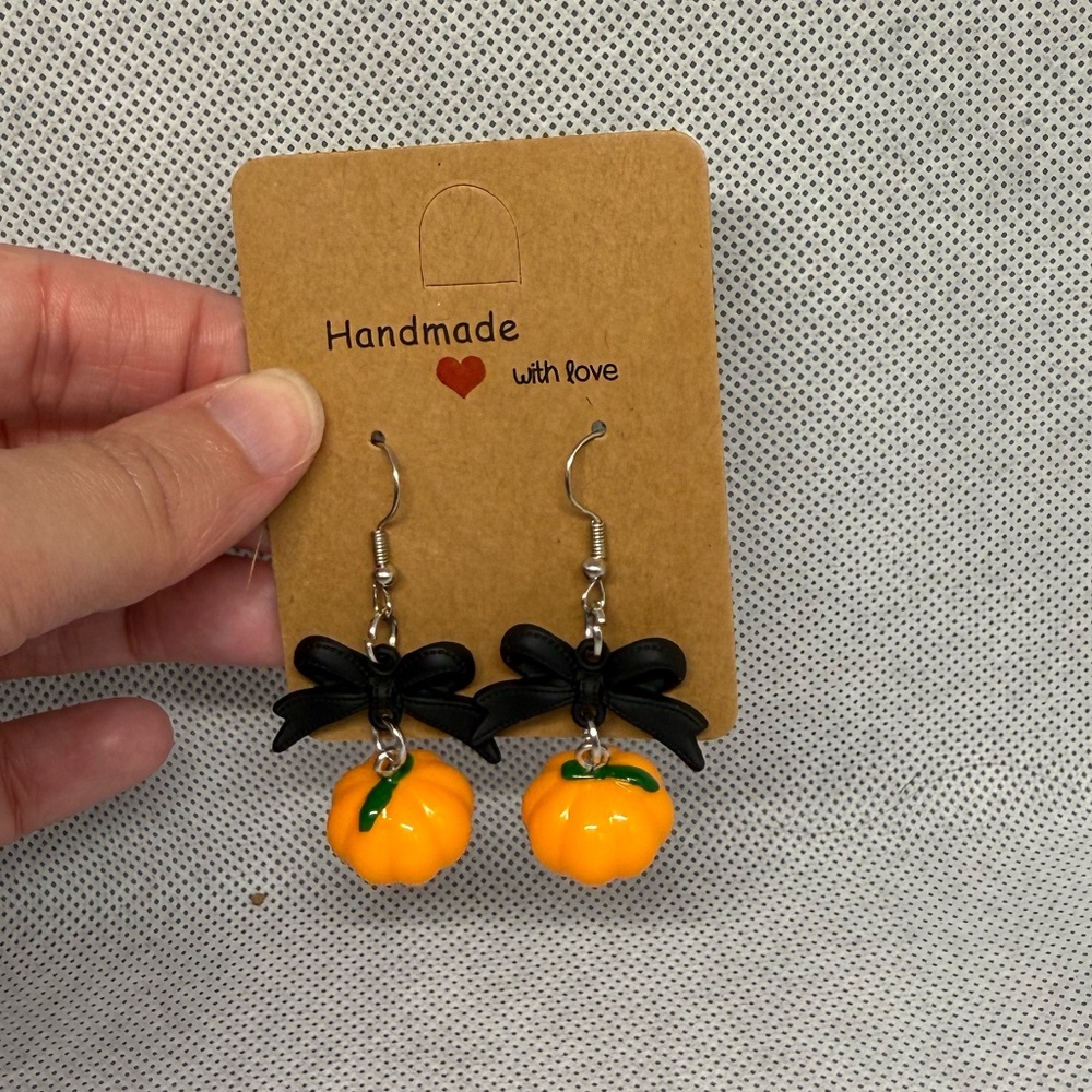 Handmade Black Bow and Pumpkin Earrings